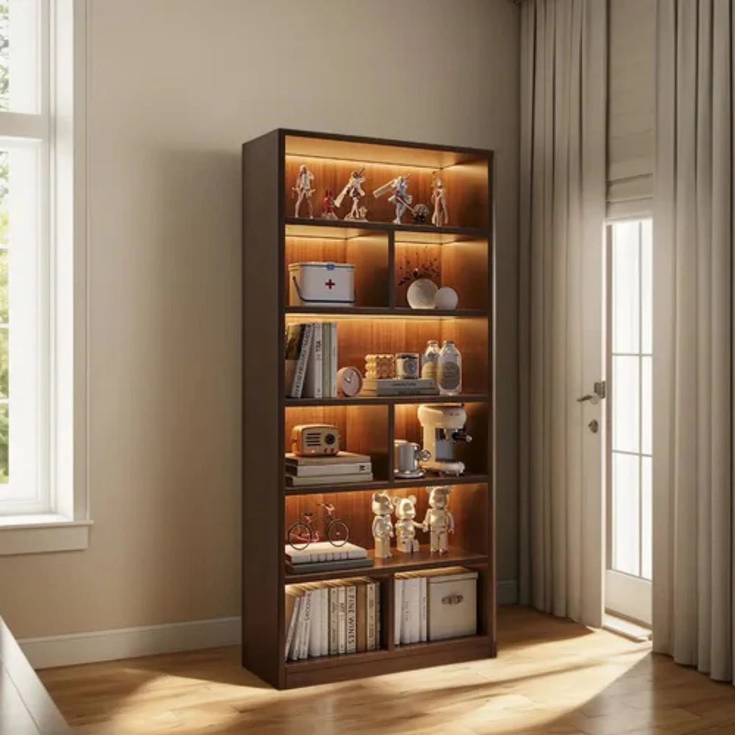 Bibliotecă cu 6 rafturi deschise, cadru lemn – stejar negru, 180x60x24 cm