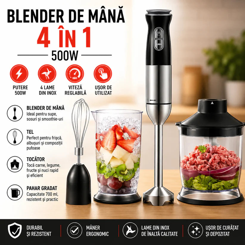 Blender De Mana 4 in 1 500W Multifunctional Cu Tocator Si Pahar – Putere Mare Pentru Preparare Rapida Si Eficienta