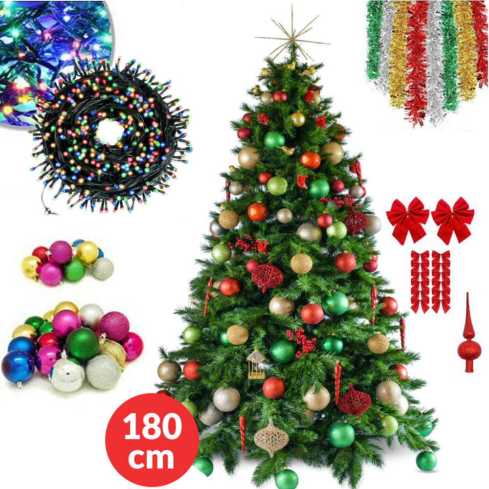 Brad Artificial de Craciun 180cm cu Suport ,Cadou Accesorii,Instalatie 100 LEDuri, 24 Globuri, Beteala si Varf