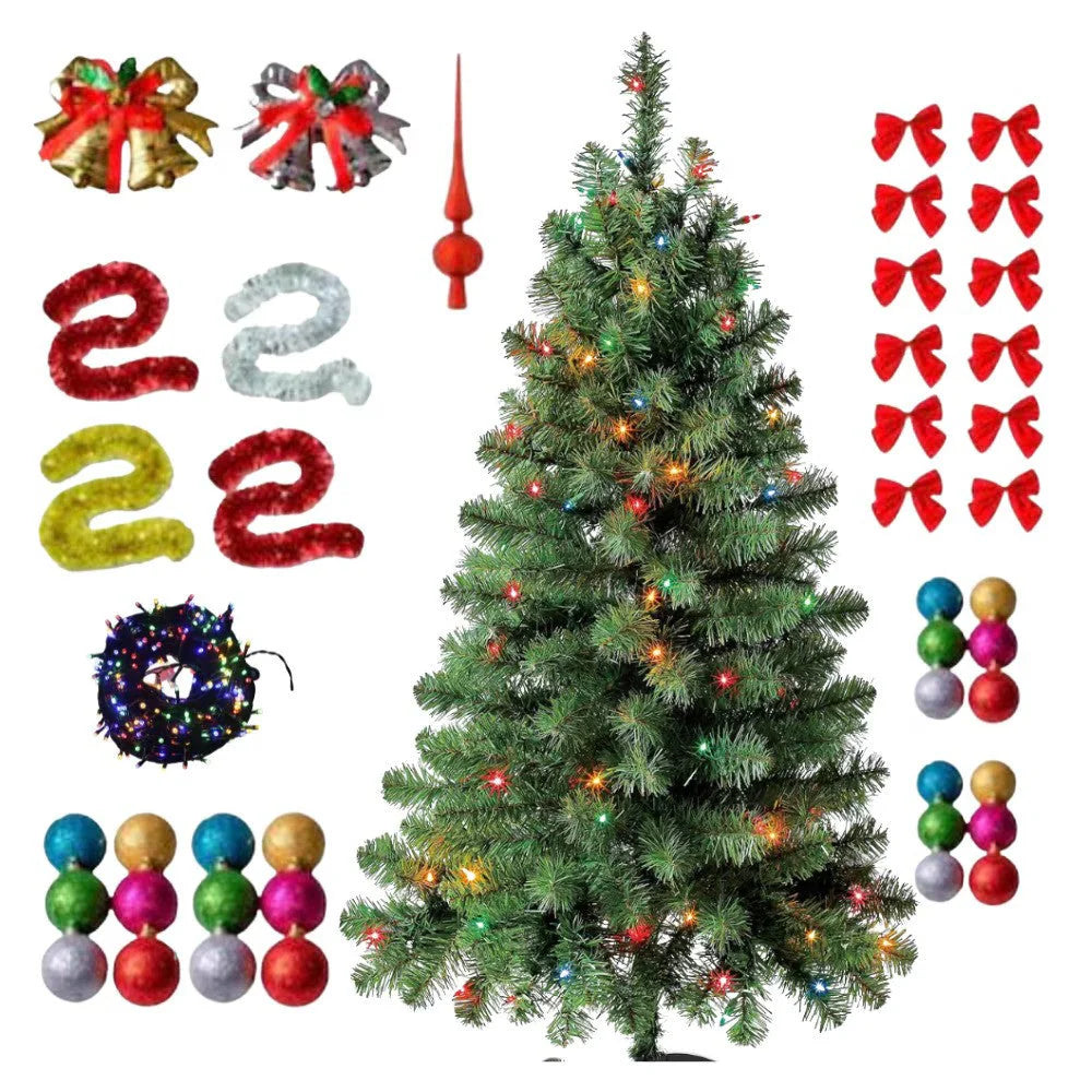Brad Artificial de Craciun 180cm cu Suport ,Cadou Accesorii,Instalatie 100 LEDuri, 24 Globuri, Beteala si Varf