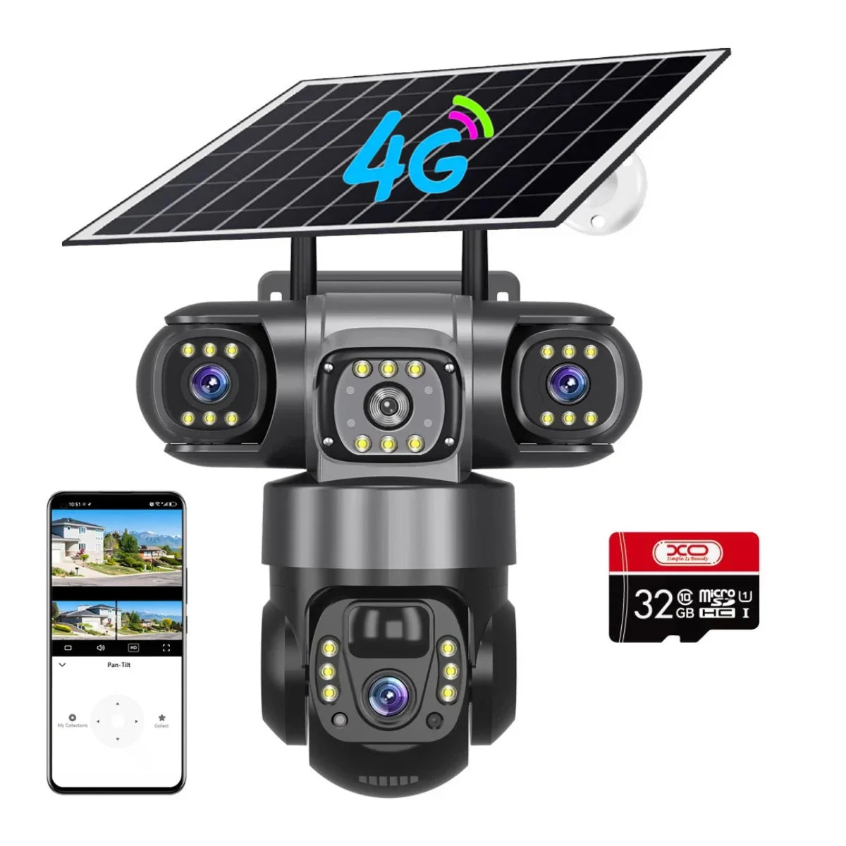 Camera de Supraveghere 4G cu Panou Solar, 3 lentile, PTZ 355°, Zoom 10X, Detectie Umana, Vedere Nocturna, IP66, Card 32GB inclus