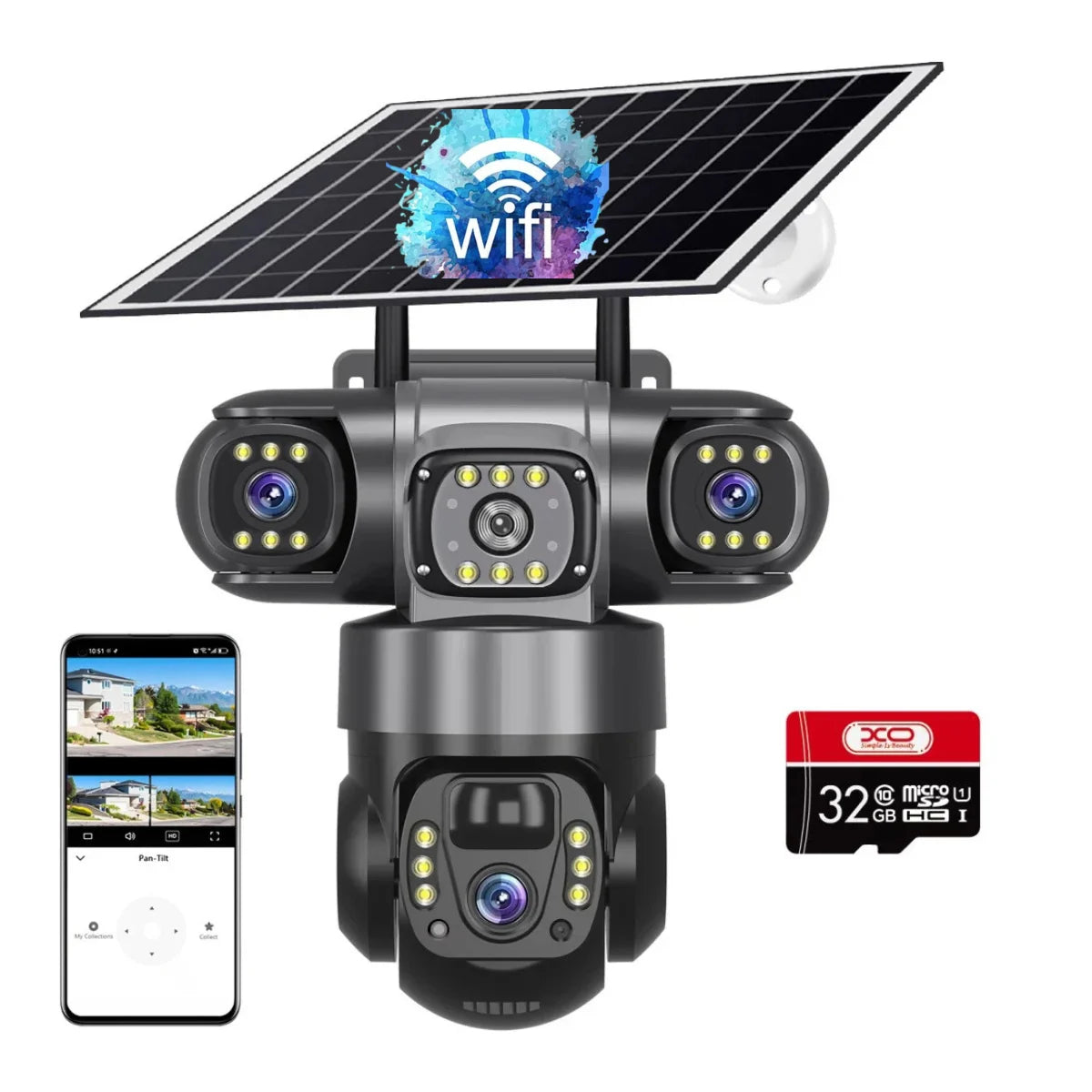 Camera de Supraveghere WiFi cu Panou Solar, 3 Lentile, PTZ 355°, Zoom 10X, Vedere Nocturna, Detectie Umana, IP66, Card 32GB Inclus