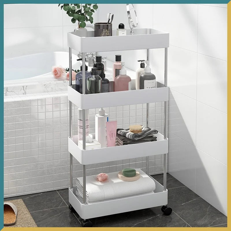 Carucior organizator slim, portabil, cu 4 rafturi, alb, 40 x 13 x 80 cm