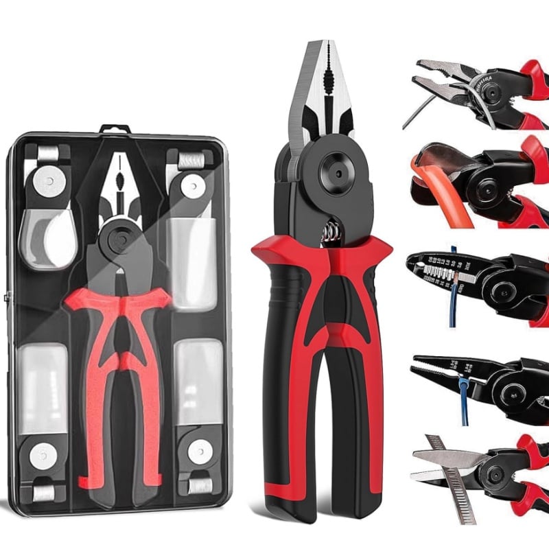 Clește multifuncțional 5 în 1 cu capete interschimbabile, Patent, Taietor Cablu, Dezizolator, Cleste Sertizare, Foarfeca de tabla, cap interschimbabil, maner ergonomic, izolat electric