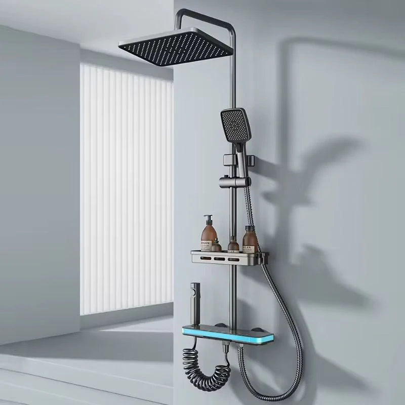Coloana de dus multifunctionala cu para fixa, dus de mana, baterie digitala si suport pentru produse