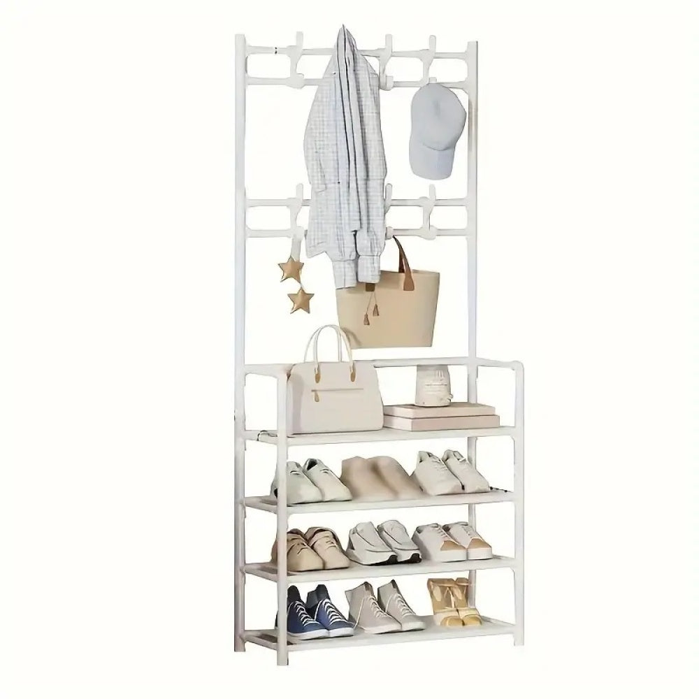 Cuier pentru haine cu suport pantofi, 4 rafturi, plastic