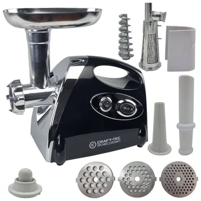 Masina de tocat carne Craft-Tec Neagra 3800W, Accesorii rosii, carnati, chiftele, 3 site, functia revers, motor cupru
