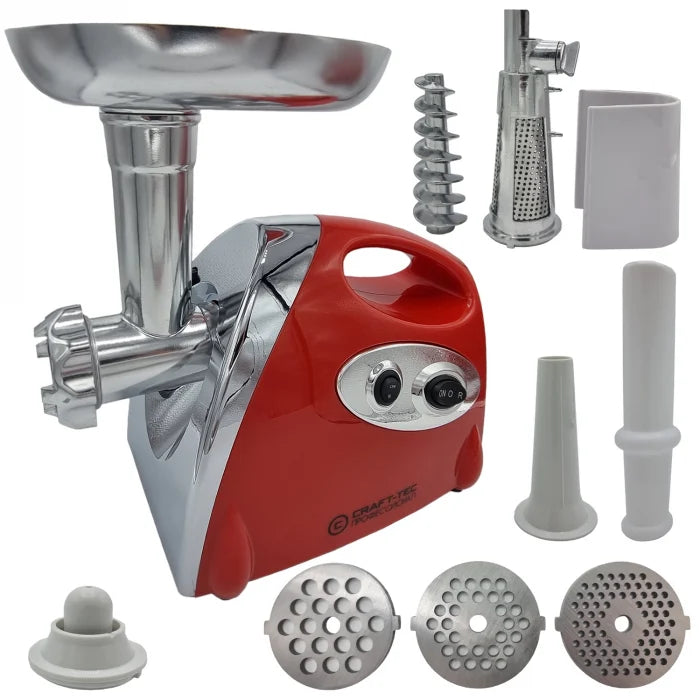Masina de tocat carne Craft-Tec Rosu 3800W, Accesorii rosii, carnati, chiftele, 3 site, functia revers, motor cupru