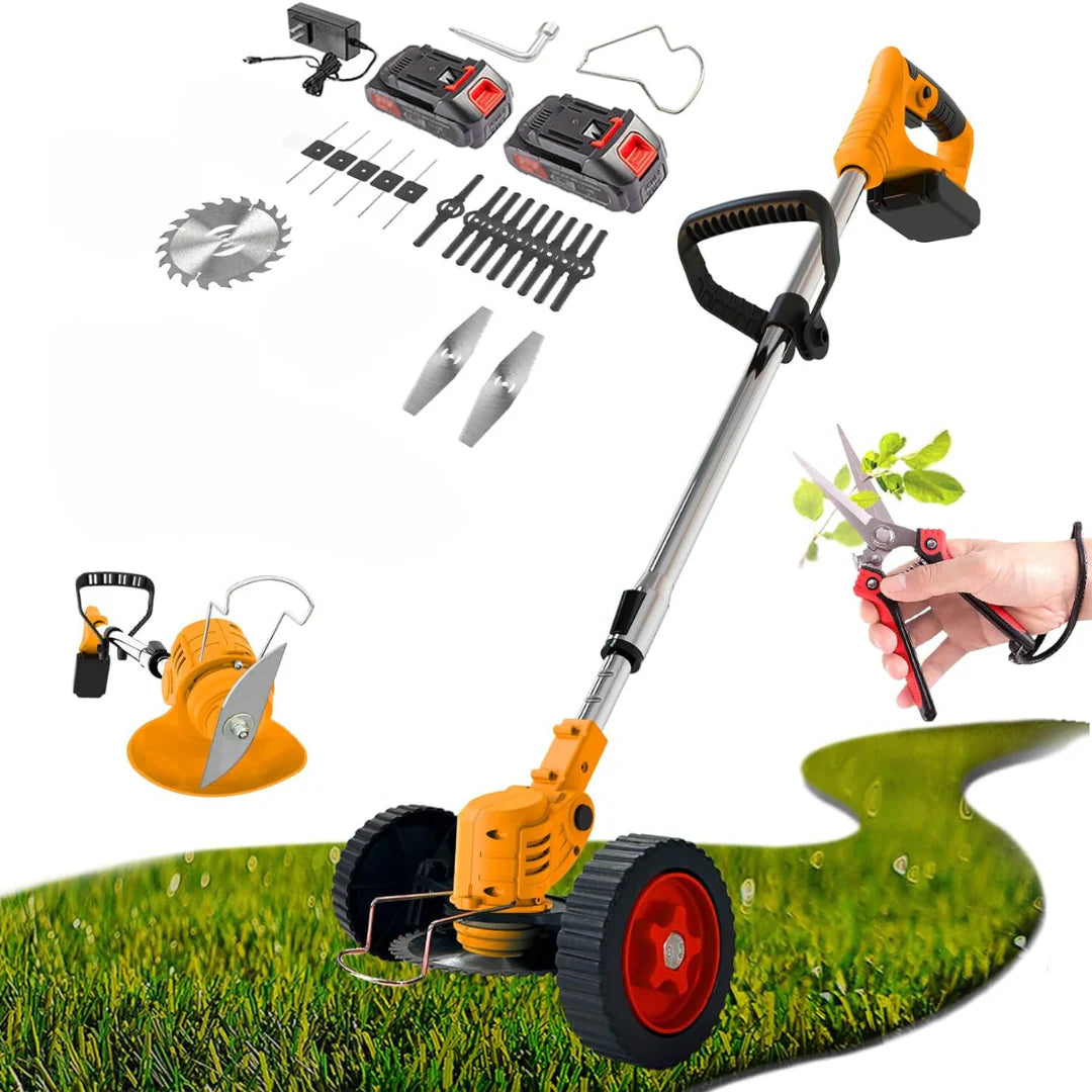 Motocoasa electrica 48V, 4000 mAh, 18000 RPM, cu 2 acumulatori si roti detasabile + accesorii extra