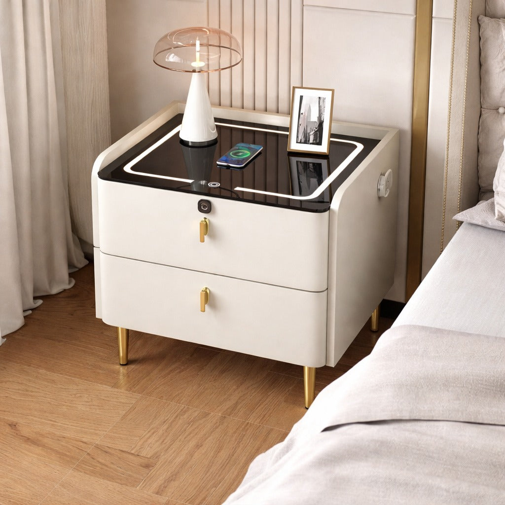 Noptiera alba inteligenta cu incarcare wireless, USB si 2 sertare