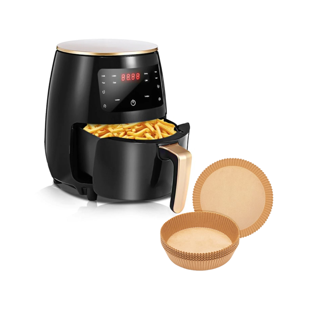 Pachet ! Friteuza cu aer cald , fara ulei , air fryer capacitate 6 L , ecran digital , functie de coacere , + SET 100 Hartii de copt