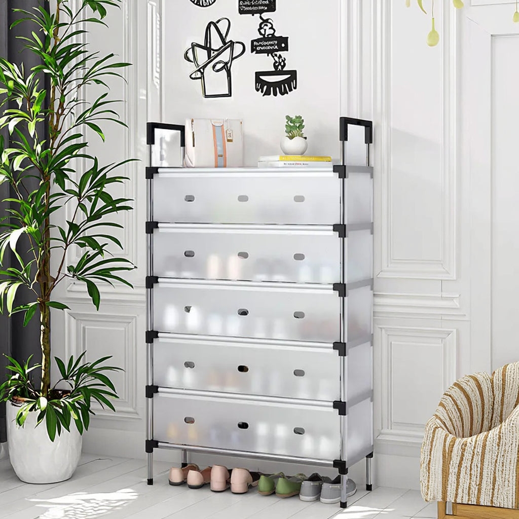 Raft pliabil pentru pantofi cu 5 Niveluri, design modern, stabil și multifuncțional – Alb, 60x28x110 cm