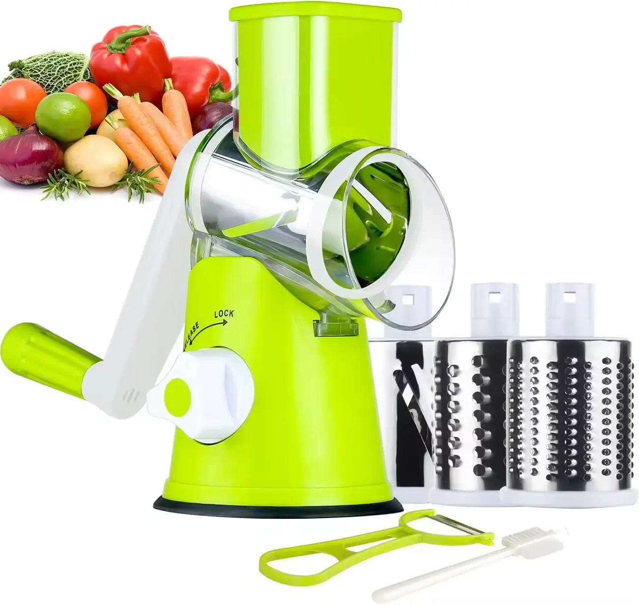 Razatoare manuala pentru legume Tabletop Drum Grater, 3 lame interschimbabile