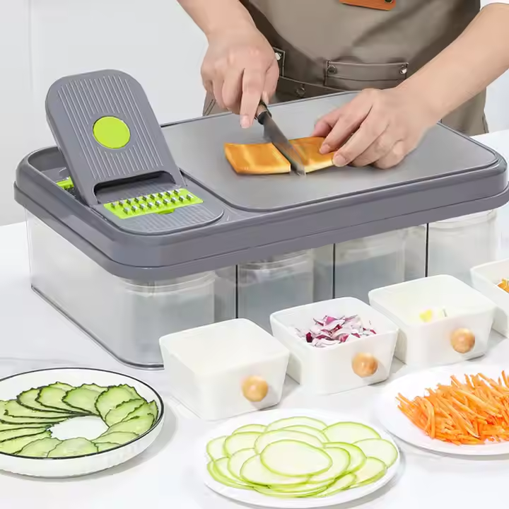 Razatoare si Tocator Multifunctional 28 Piese, Accesorii Interschimbabile, Lama Otel Inoxidabil, Pentru Legume si Fructe, Feliere, Radere, Maruntire, Separator Ou, Recipient Depozitare, Gri/Verde