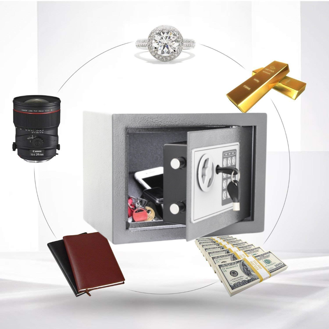 Seif metalic din otel cu inchidere electronica si cheie, 23 x 17 x 17 cm