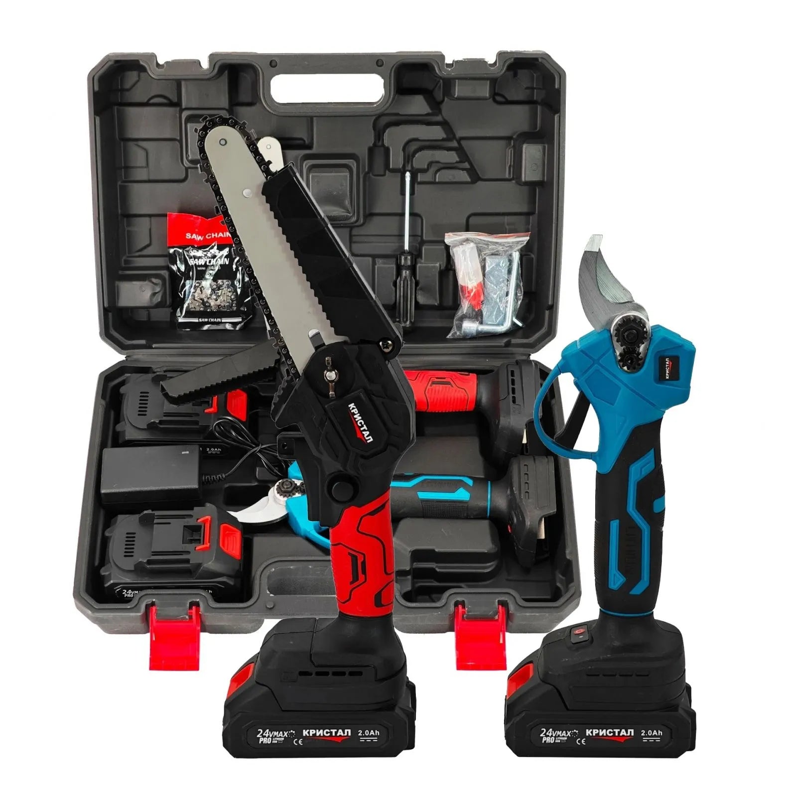 Set Foarfeca Electrica Gradina + Mini Drujba Electrica Portabila 6 inch cu + 2 Acumulatori 48 si 2 Lanturi 6 inch