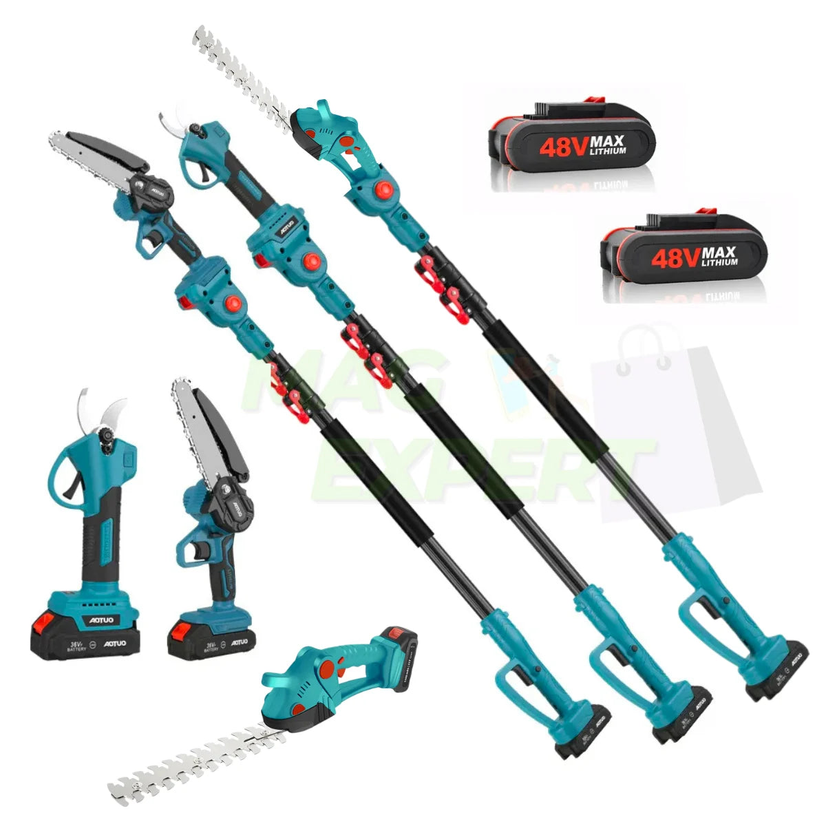 Set Mini Drujba, Foarfeca Electrica, Foarfeca Gard Viu, cu Tija Telescopica 2M si 2 Acumulatori 48V
