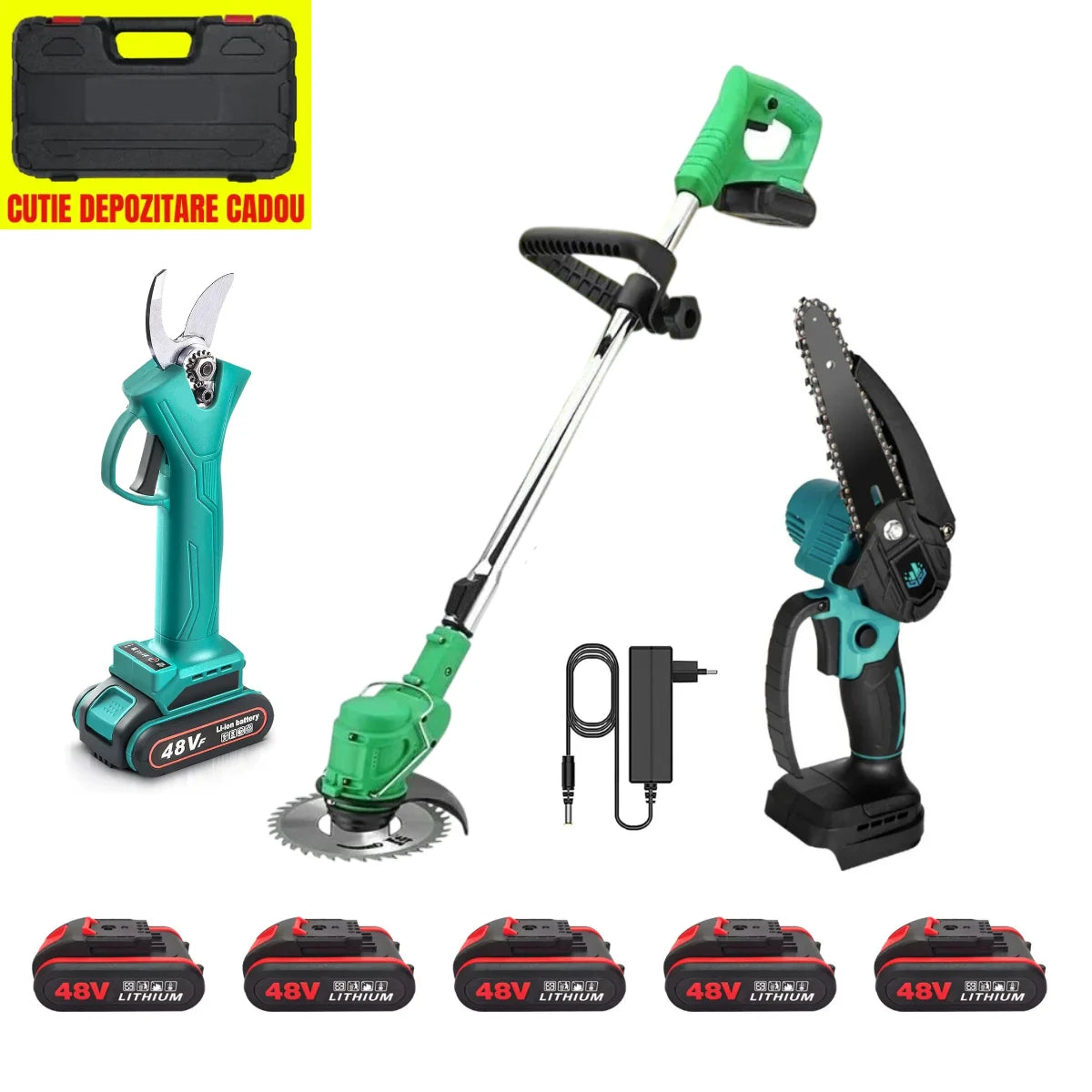 Set Motocoasa, Foarfeca, MiniDrujba cu 6 Acumulatori 48V, 3 Incarcatoare, Accesorii Incluse, Trusa Depozitare