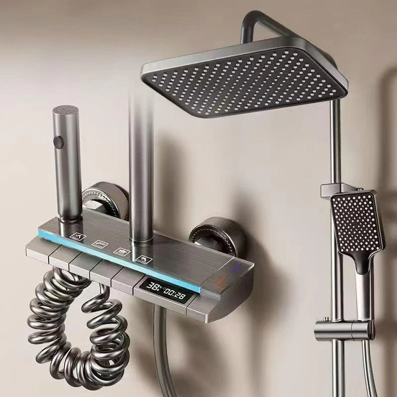 Set coloana dus digital cu termostat, afisaj LED, 4 functii curgere apa, control termostatic, robinet tip cascada, Gri Grafit