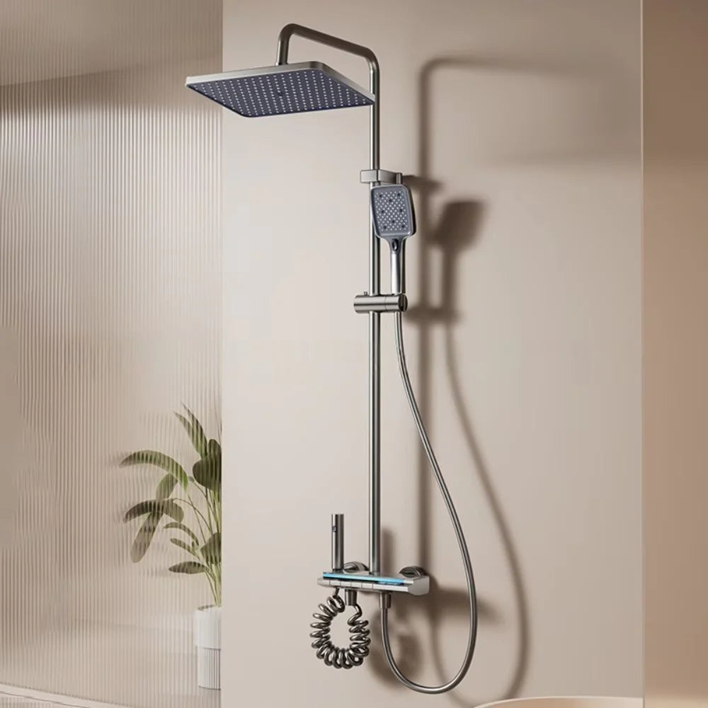 Set coloana dus digital cu termostat, afisaj LED, 4 functii curgere apa, control termostatic, robinet tip cascada, Gri Grafit