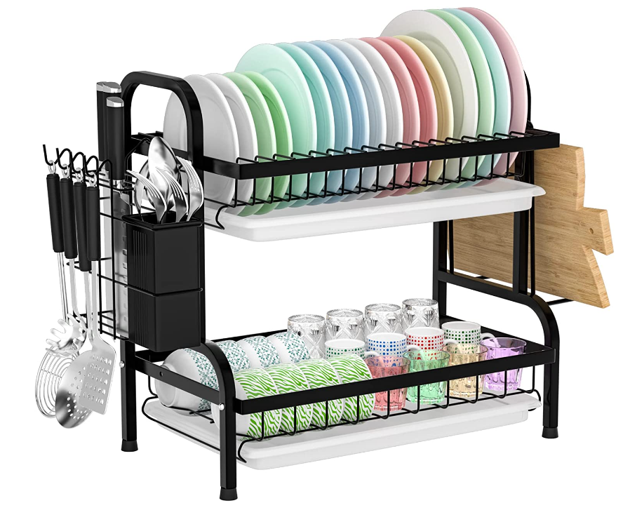 Suport de vase metalic supraetajat, cu 2 polite, design scandinav, Negru