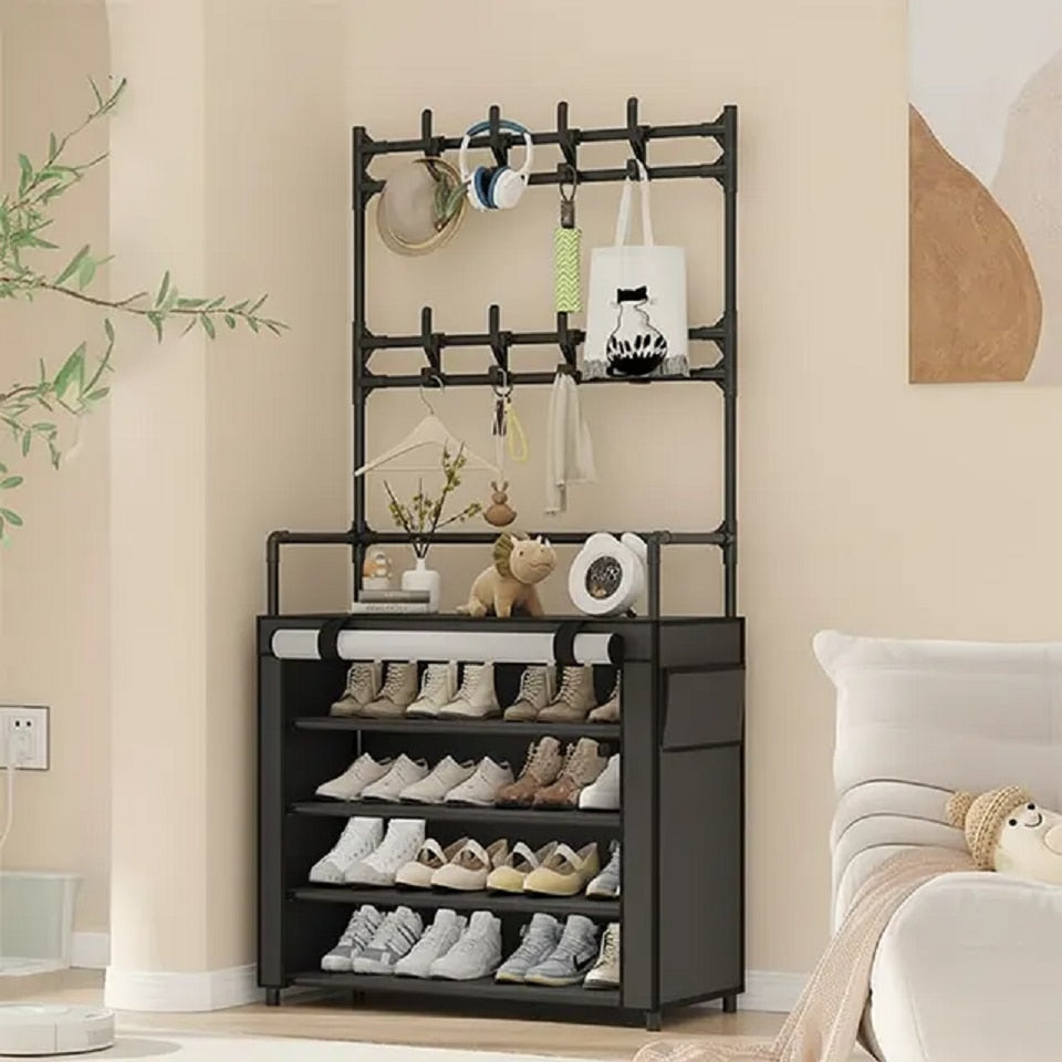 Suport multifunctional pentru incaltaminte cu cuier, negru, 171x60x30 cm, cu husa anti-praf