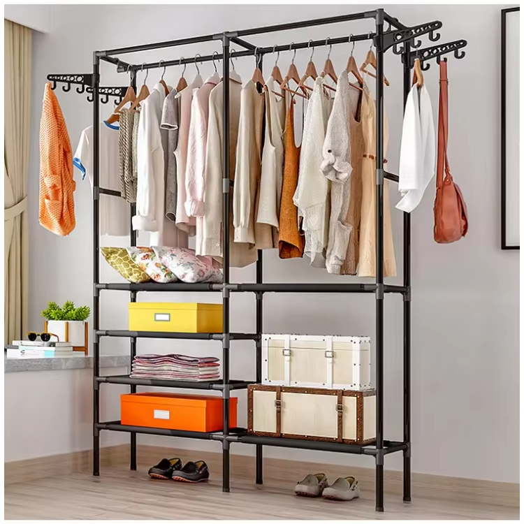Suport pentru umerase stander haine, 6 rafturi, 8 carlige, Negru, 175 cm