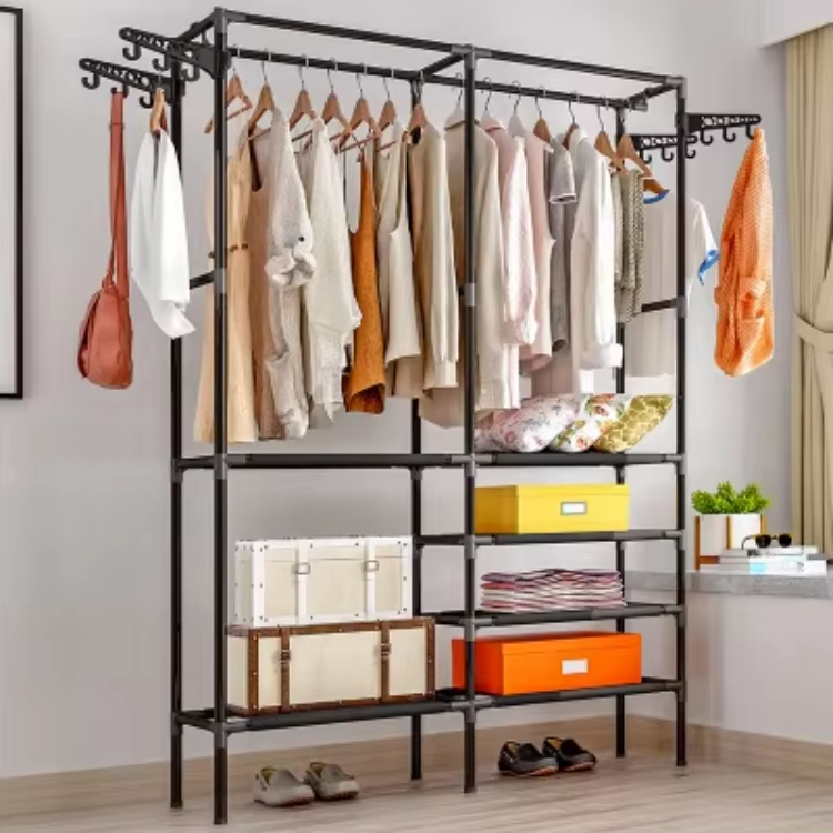 Suport pentru umerase stander haine, 6 rafturi, 8 carlige, Negru, 175 cm