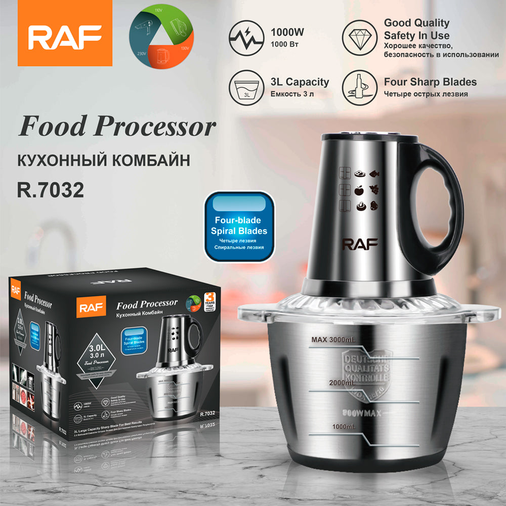 Tocator electric RAF 7032 din inox 3L, 2 viteze, motor puternic, pentru carne si legume