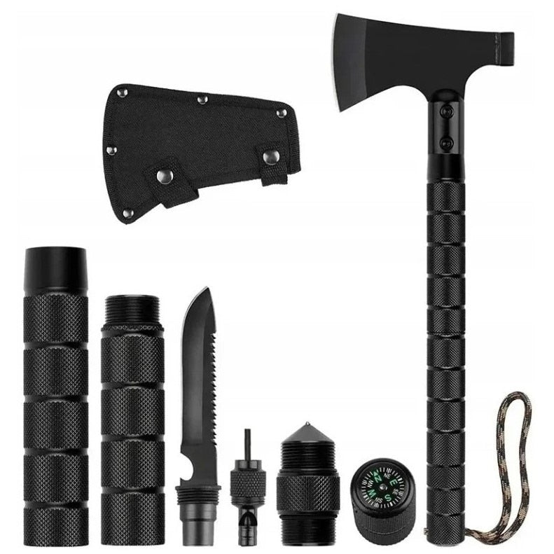 Topor Multifunctional 6 in 1 cu Cutit, Amnar, Busola si Fluier, 43,5 cm, Otel 420, Negru