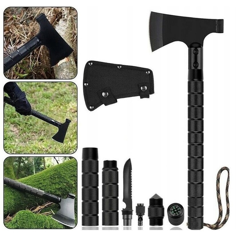 Topor Multifunctional 6 in 1 cu Cutit, Amnar, Busola si Fluier, 43,5 cm, Otel 420, Negru