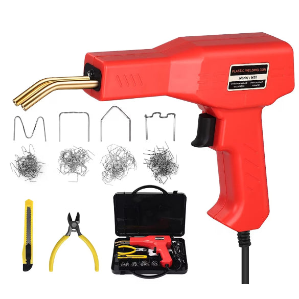 Trusa pistol profesional pentru lipit/sudat plastic, kit reparare fisuri din plastic, polipropilena, 200 capse de intarire, putere 50W