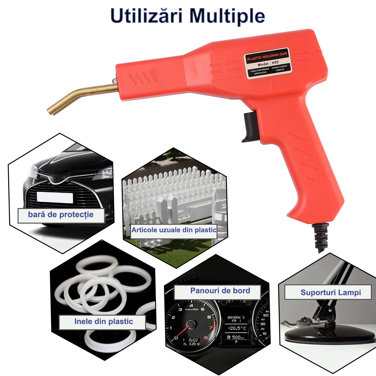 Trusa pistol profesional pentru lipit/sudat plastic, kit reparare fisuri din plastic, polipropilena, 200 capse de intarire, putere 50W