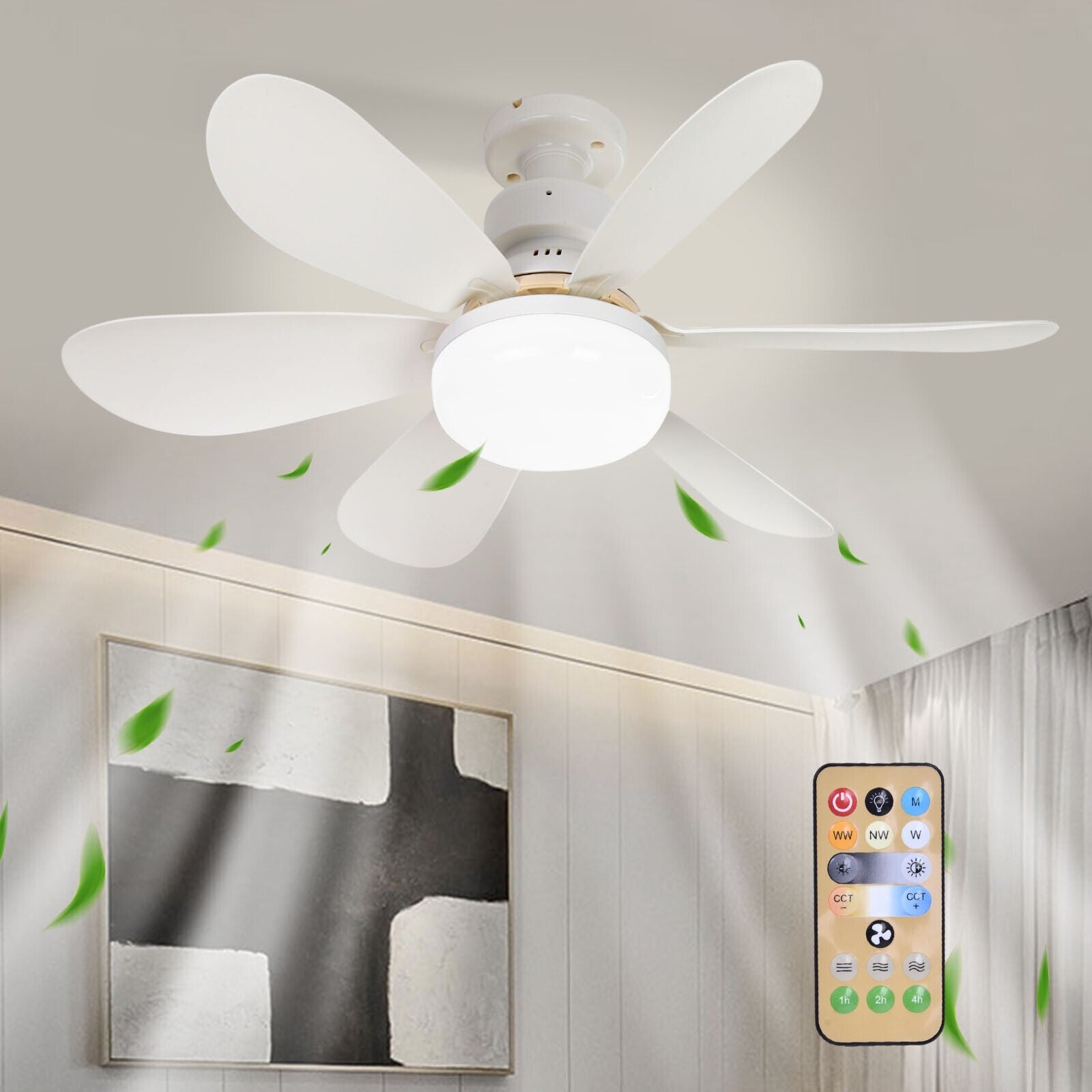 Ventilator LED de Tavan cu Telecomanda si Lumina Reglabila – 40W, Ultra Silentios, 3 Viteze, Timer Sleep, Design Modern Alb, 52 cm