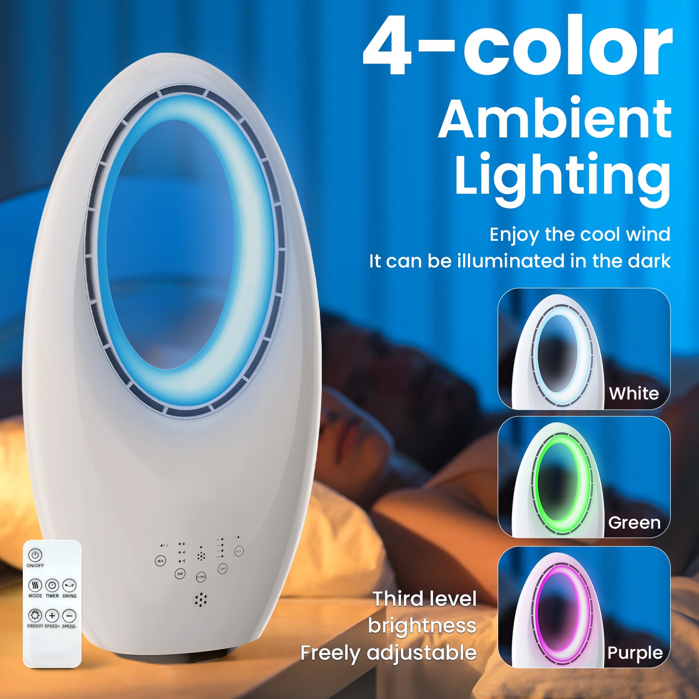 Ventilator pentru Birou Fara Palete 60W | 36dB Silentios | LED 4 Culori | Timer 7.5h | Telecomanda | Alb