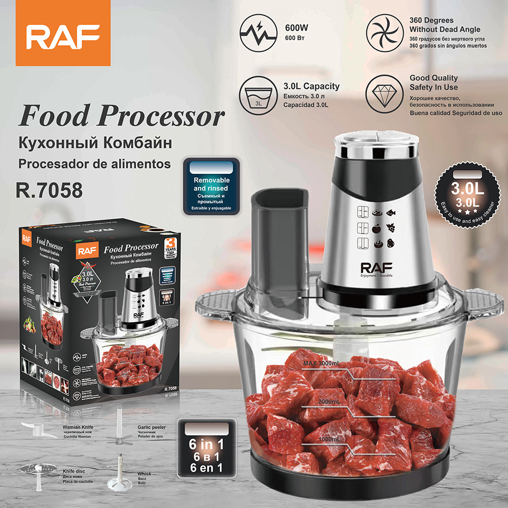 Tocator electric RAF 7058 multifunctional 600W, bol 3L, 3 viteze, pentru carne, legume si fructe