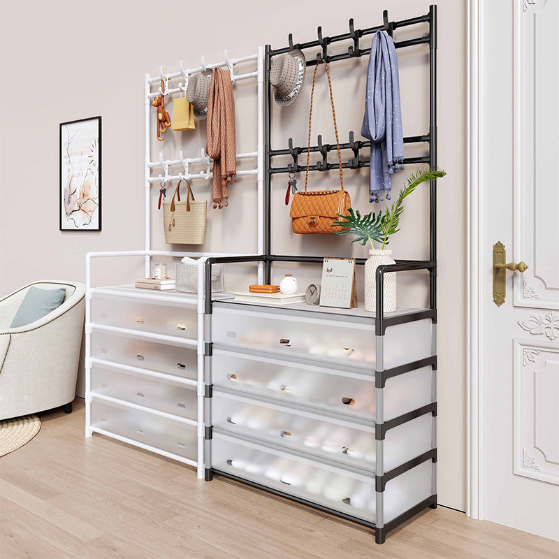 Cuier cu raft pantofi pe 4 niveluri si 8 carlige duble, suport haine si incaltaminte pentru hol