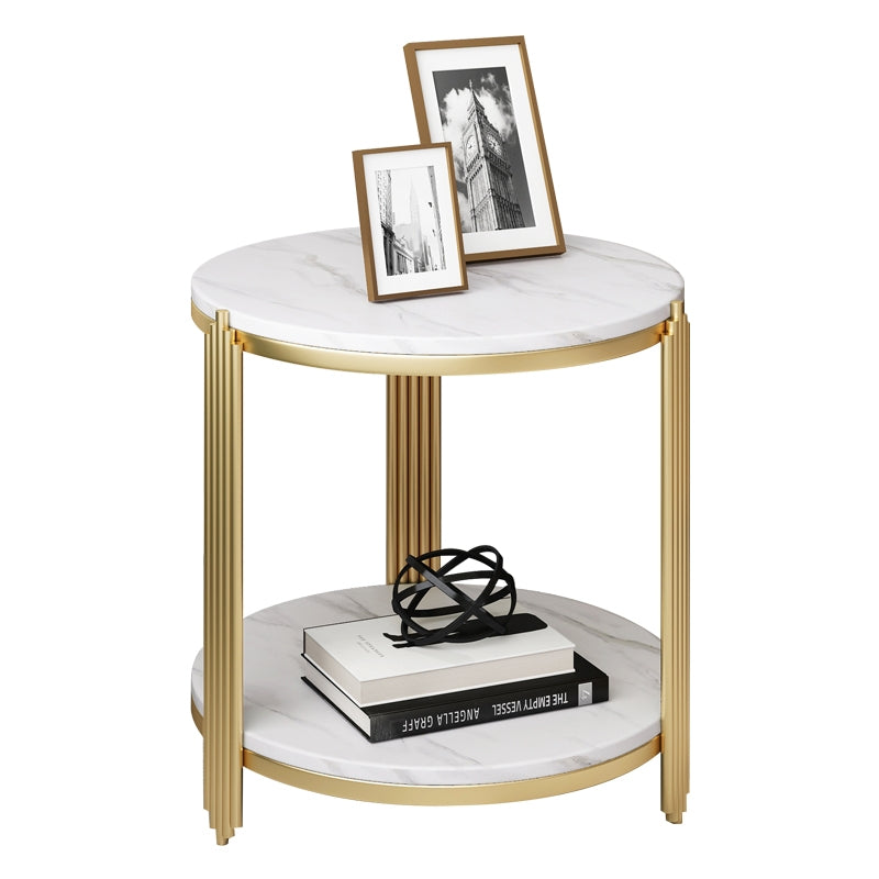 Masuta rotunda pe 2 nivele, blat tip piatra, cadru metalic auriu, design elegant, 60x30 cm