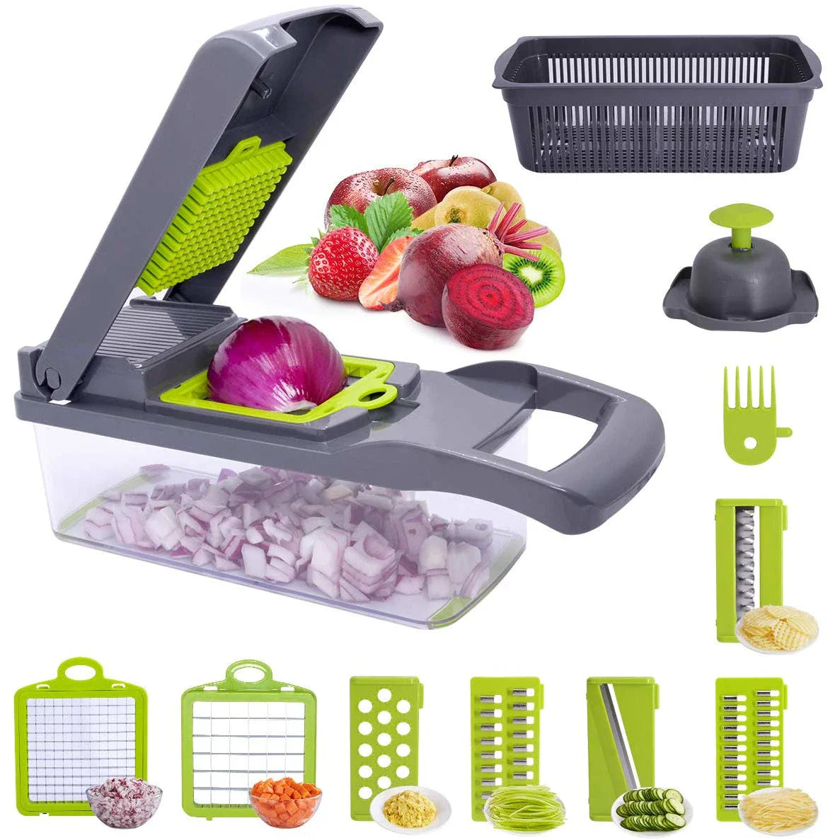 Razatoare multifunctionala pentru legume si fructe 16 piese, lame din otel inoxidabil + maner protectie