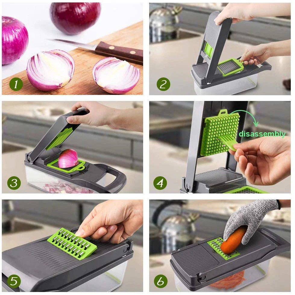 Razatoare multifunctionala pentru legume si fructe 16 piese, lame din otel inoxidabil + maner protectie