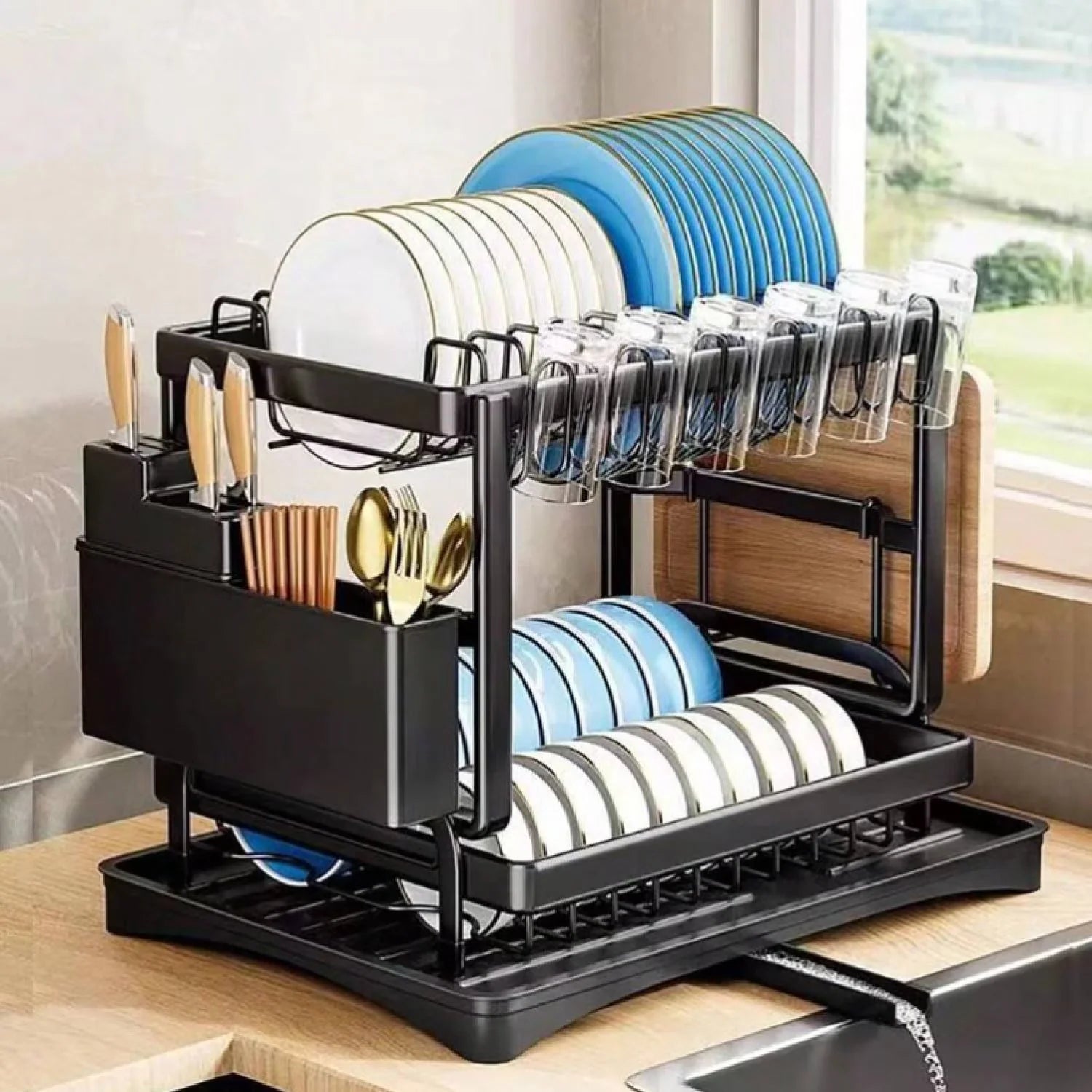 Scurgator vase, design auto-draining, organizator compact, negru, 42x30x29cm