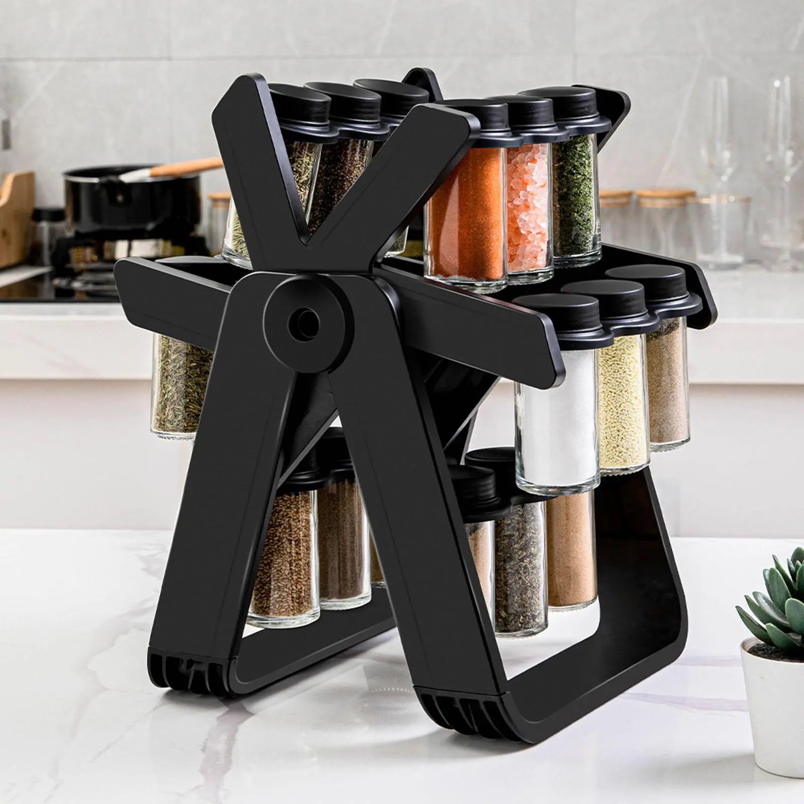 Set 18 recipiente condimente cu suport rotativ, 34x23 cm, pivotant 360°, negru