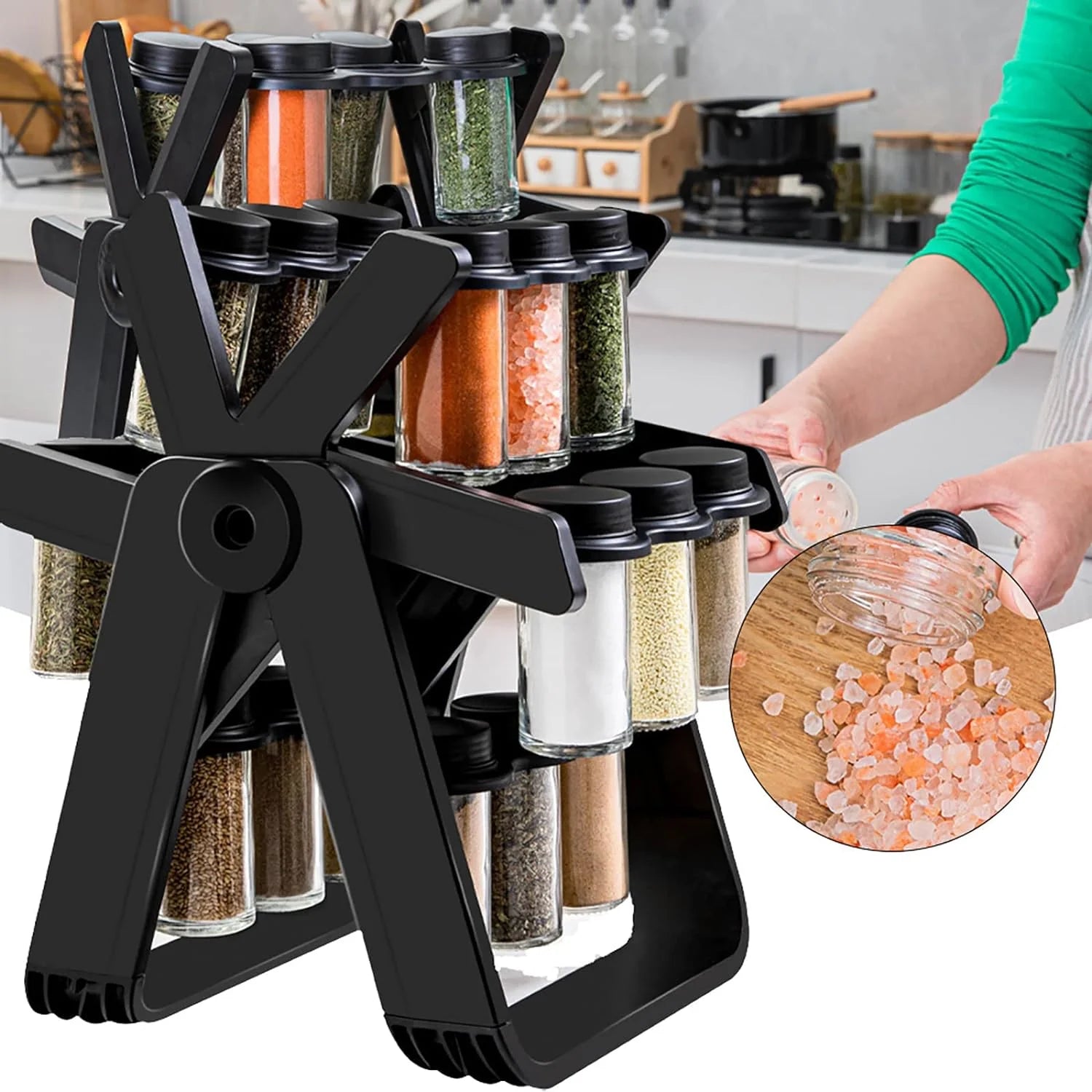 Set 18 recipiente condimente cu suport rotativ, 34x23 cm, pivotant 360°, negru