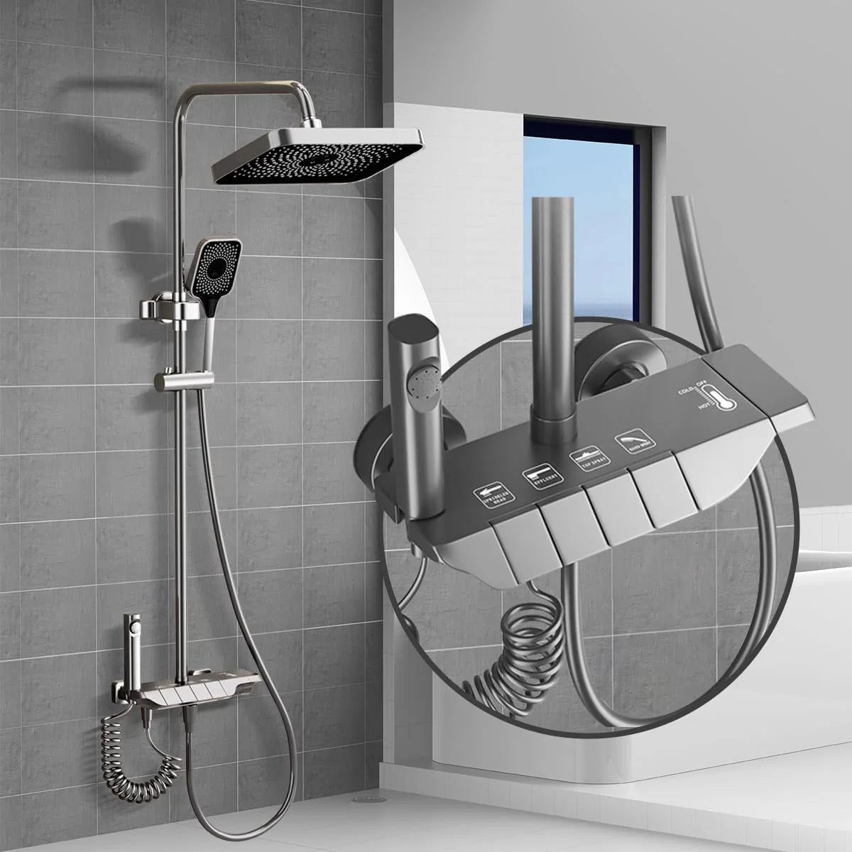 Set Coloana Dus Premium, Alama Cupru, 4 Functii, Butoane Piano, Gri Grafit, Tip Ploaie