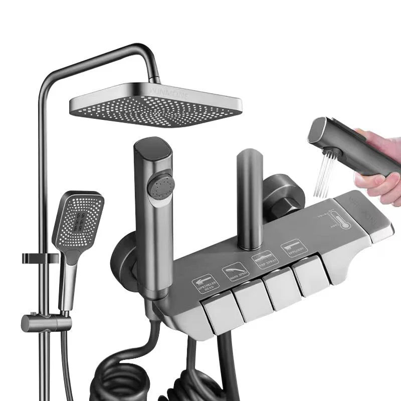 Set Coloana Dus Premium, Alama Cupru, 4 Functii, Butoane Piano, Gri Grafit, Tip Ploaie