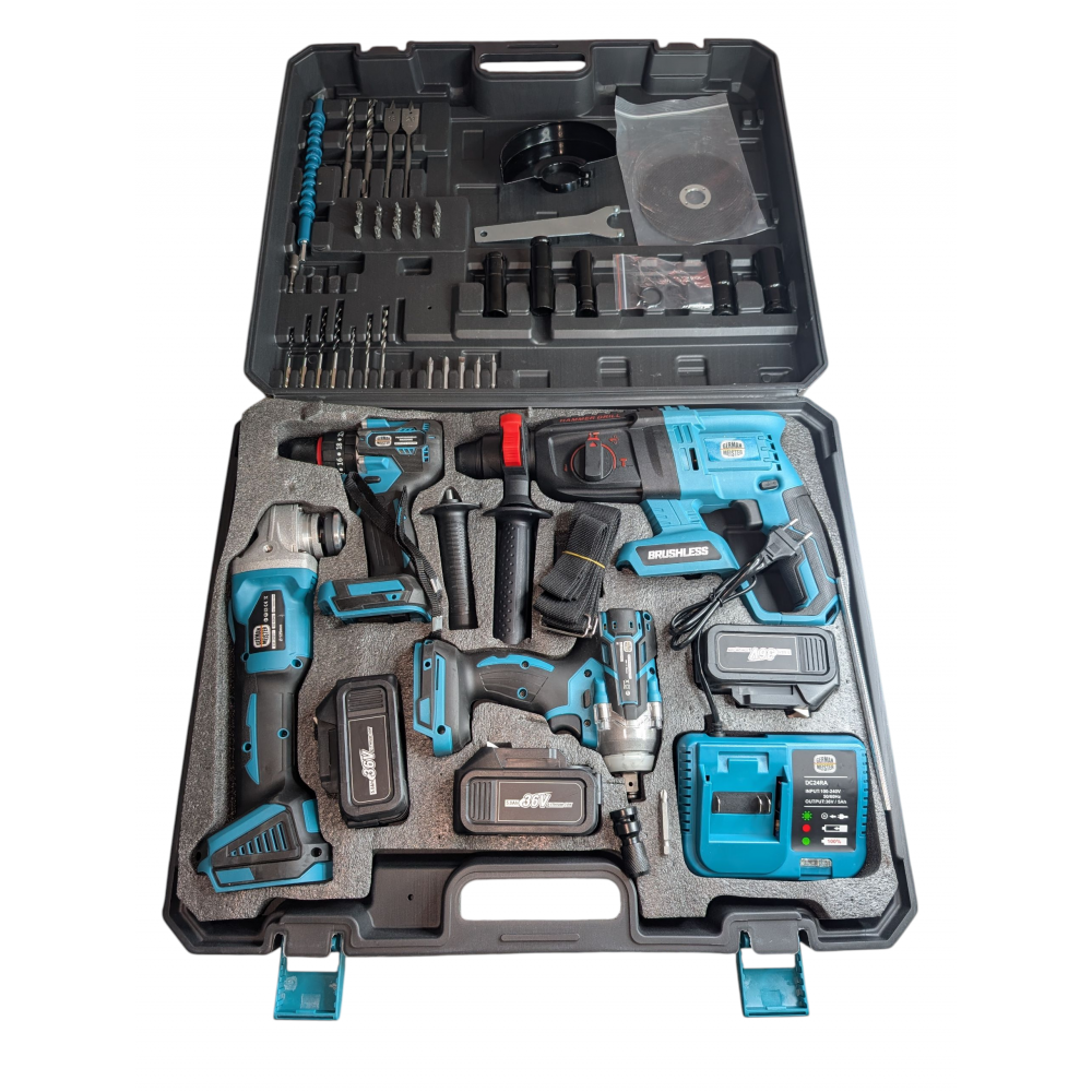 Trusa 4 Scule cu 3 Acumulatori 128V, Bormasina Impact, Polizor Unghiular, Ciocan Rotopercutor, Autofiletanta