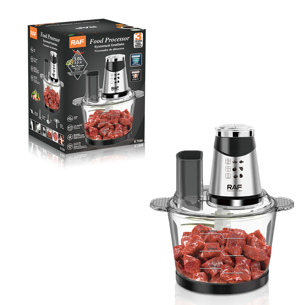 Tocator electric RAF 7058 multifunctional 600W, bol 3L, 3 viteze, pentru carne, legume si fructe